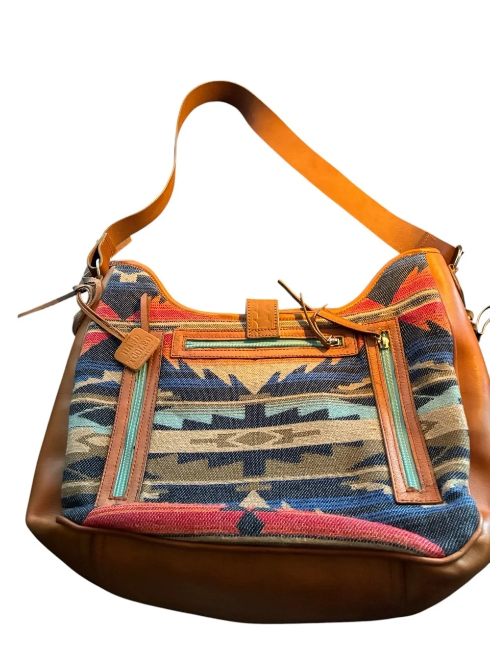 Ariat Southwestern Pattern Tan Leather-Trim Shoulder Bag w fringe Large tooled